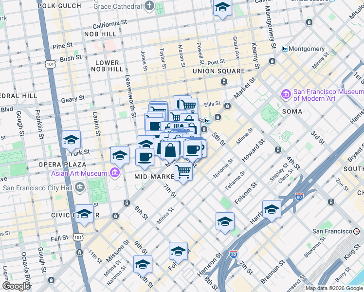 map of restaurants, bars, coffee shops, grocery stores, and more near 988 Market Street in San Francisco