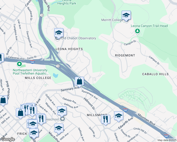 map of restaurants, bars, coffee shops, grocery stores, and more near 6036 Leona Street in Oakland