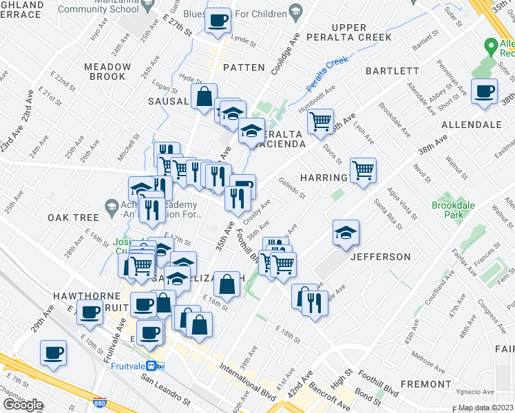 map of restaurants, bars, coffee shops, grocery stores, and more near 3518 Crosby Avenue in Oakland