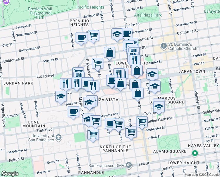 map of restaurants, bars, coffee shops, grocery stores, and more near 2425 Geary Boulevard in San Francisco