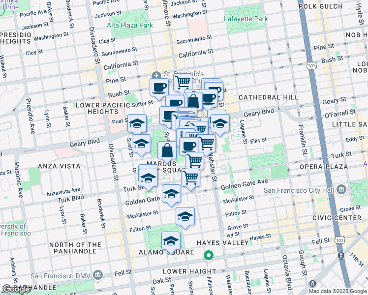 map of restaurants, bars, coffee shops, grocery stores, and more near 1365 Fillmore Street in San Francisco
