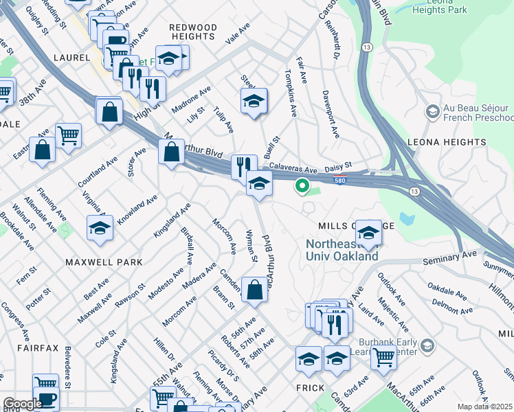 map of restaurants, bars, coffee shops, grocery stores, and more near 5000 MacArthur Boulevard in Oakland