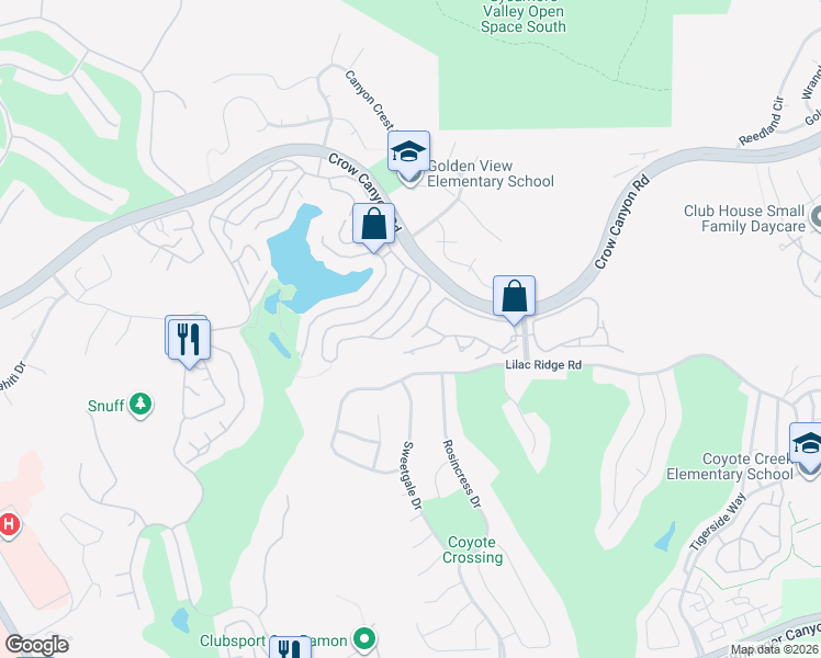 map of restaurants, bars, coffee shops, grocery stores, and more near 313 West Shoreview Drive in San Ramon