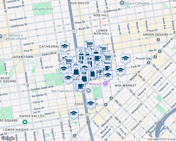 map of restaurants, bars, coffee shops, grocery stores, and more near 711 Eddy Street in San Francisco