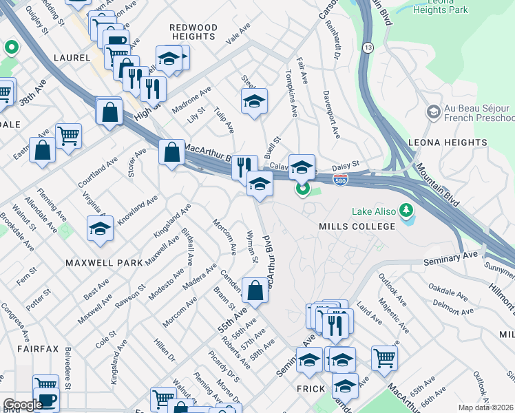map of restaurants, bars, coffee shops, grocery stores, and more near 2 Wyman Place in Oakland