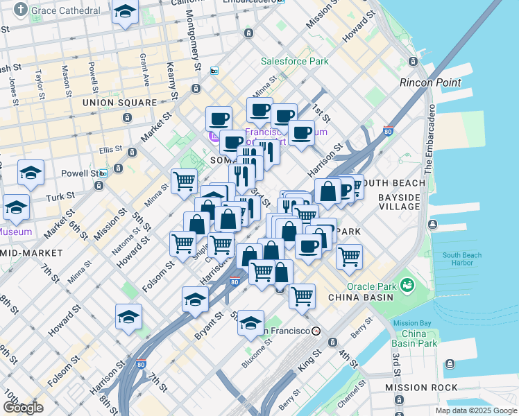 map of restaurants, bars, coffee shops, grocery stores, and more near 370 3rd Street in San Francisco