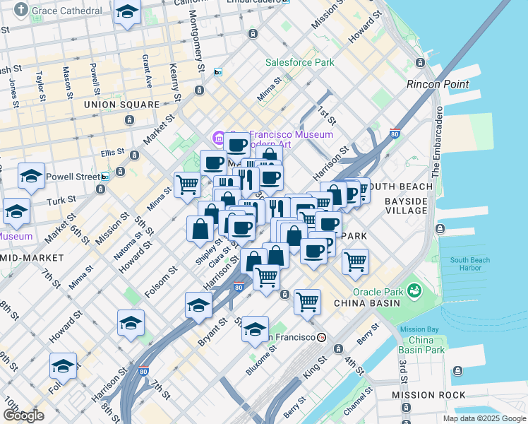 map of restaurants, bars, coffee shops, grocery stores, and more near 370 3rd Street in San Francisco