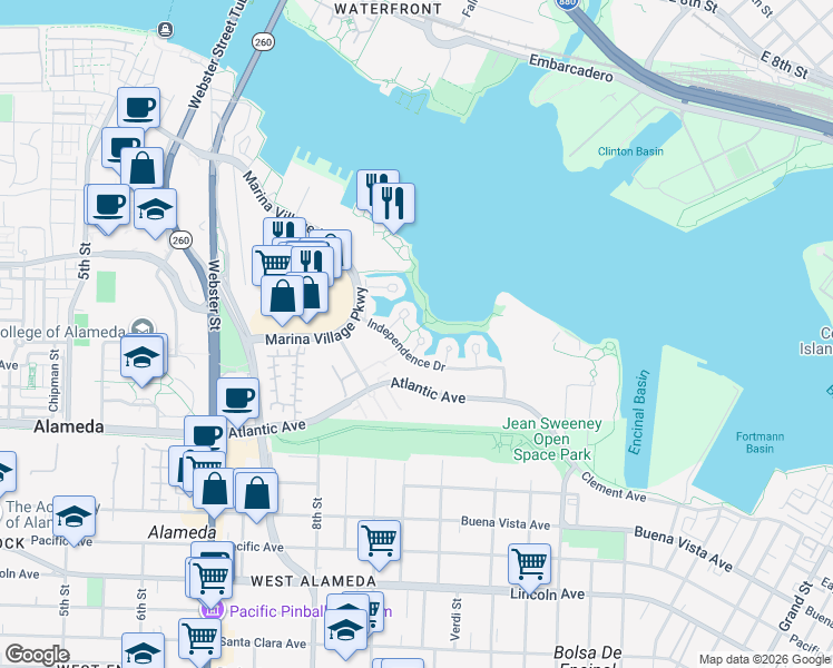 map of restaurants, bars, coffee shops, grocery stores, and more near 965 Atlantic Avenue in Alameda