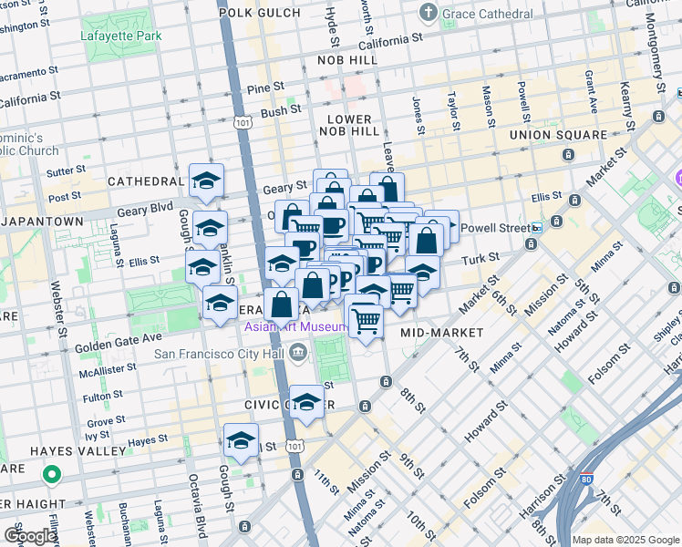 map of restaurants, bars, coffee shops, grocery stores, and more near 510 Larkin Street in San Francisco