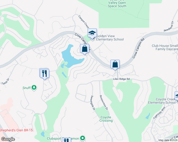 map of restaurants, bars, coffee shops, grocery stores, and more near 6188 Lakeview Circle in San Ramon