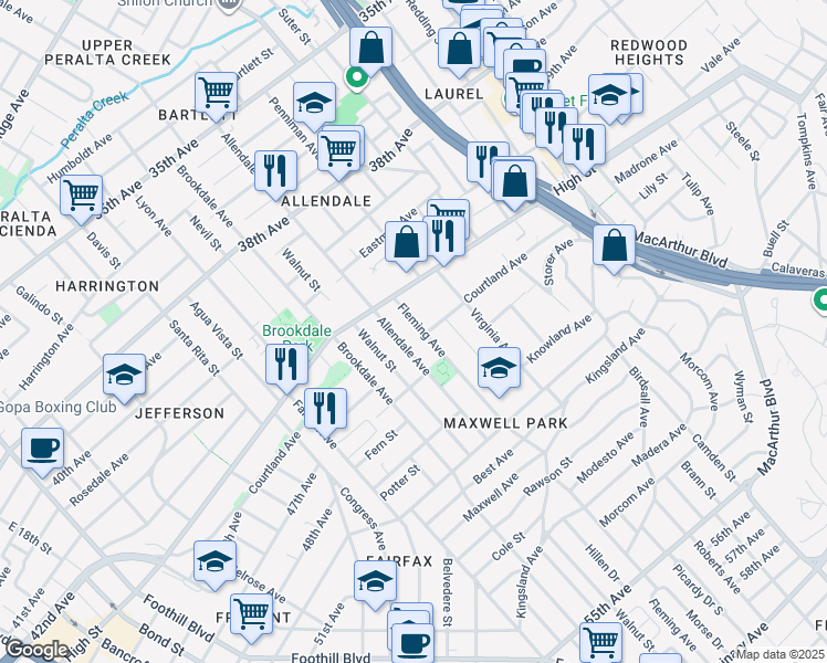 map of restaurants, bars, coffee shops, grocery stores, and more near 4421 Fleming Avenue in Oakland