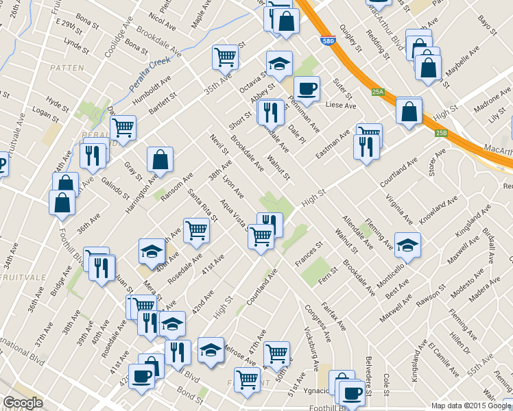 map of restaurants, bars, coffee shops, grocery stores, and more near 4085 Lyon Avenue in Oakland