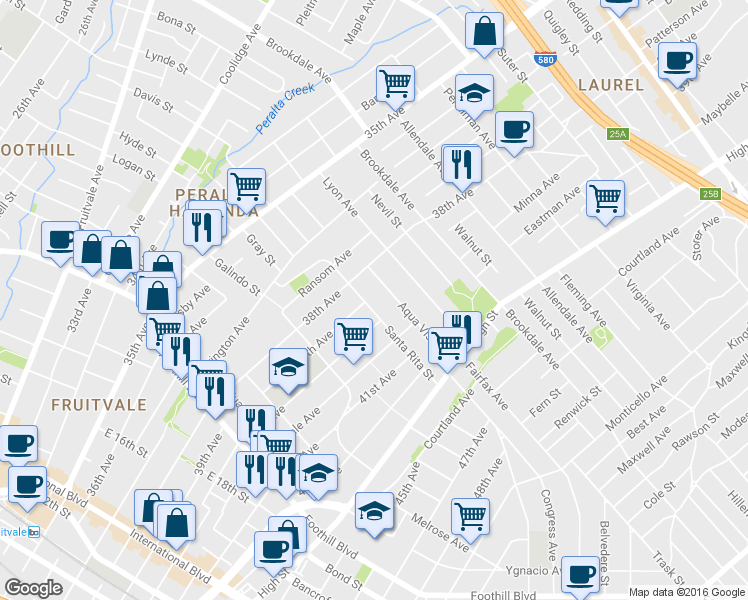 map of restaurants, bars, coffee shops, grocery stores, and more near 3935 Santa Rita Street in Oakland