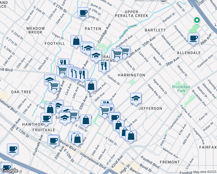 map of restaurants, bars, coffee shops, grocery stores, and more near 1997 36th Avenue in Oakland