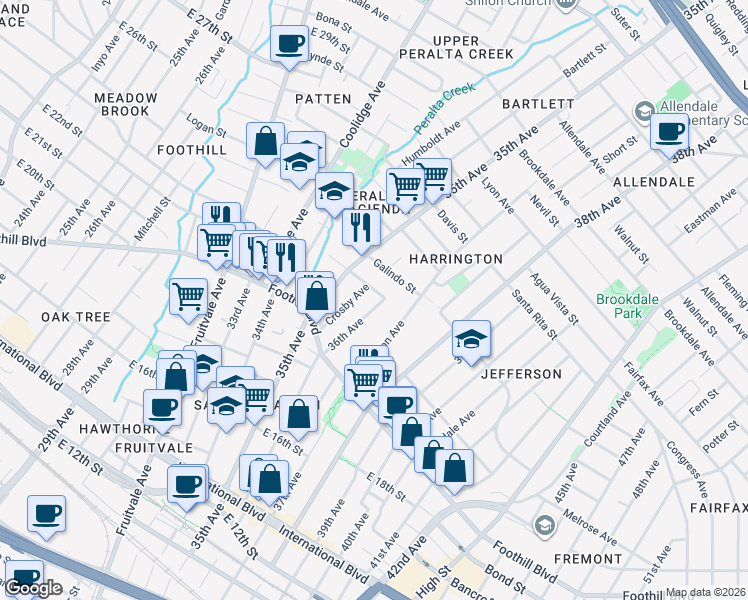 map of restaurants, bars, coffee shops, grocery stores, and more near 1997 36th Avenue in Oakland