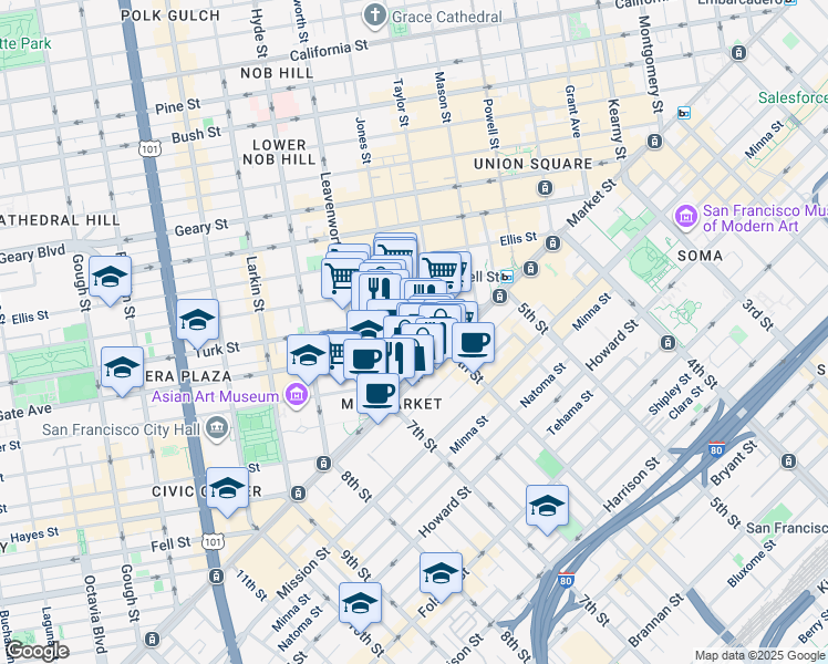 map of restaurants, bars, coffee shops, grocery stores, and more near 90 Jones Street in San Francisco