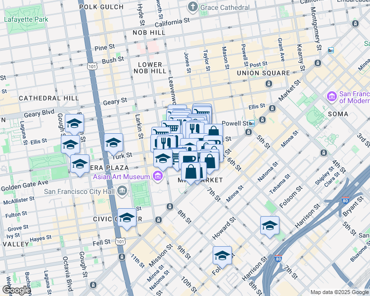 map of restaurants, bars, coffee shops, grocery stores, and more near 168 Golden Gate Avenue in San Francisco
