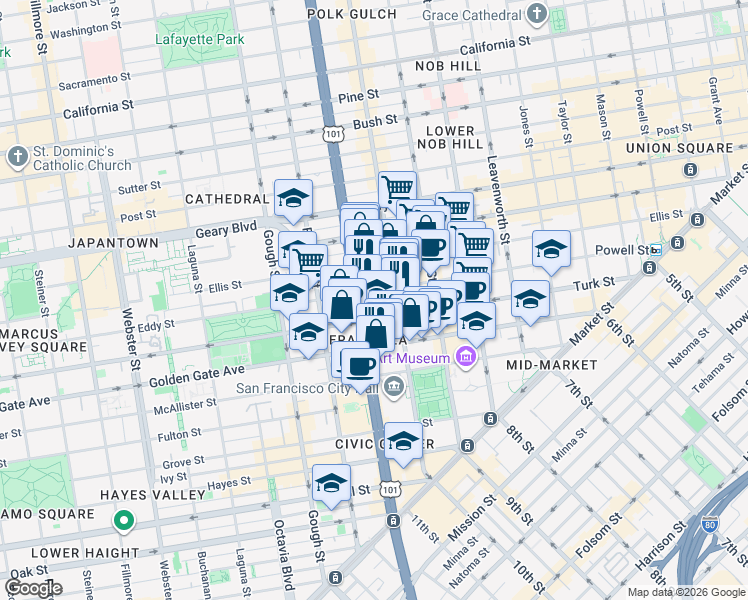 map of restaurants, bars, coffee shops, grocery stores, and more near 755 Eddy Street in San Francisco