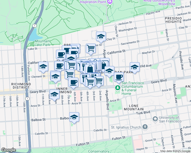 map of restaurants, bars, coffee shops, grocery stores, and more near 361 3rd Avenue in San Francisco
