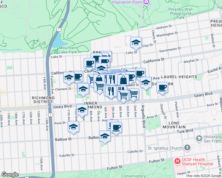 map of restaurants, bars, coffee shops, grocery stores, and more near in San Francisco