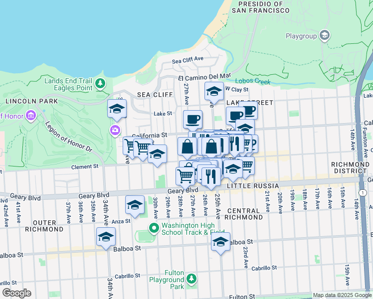 map of restaurants, bars, coffee shops, grocery stores, and more near 396 27th Avenue in San Francisco