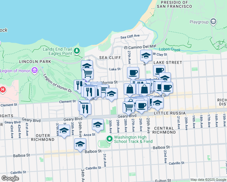 map of restaurants, bars, coffee shops, grocery stores, and more near 390 30th Avenue in San Francisco