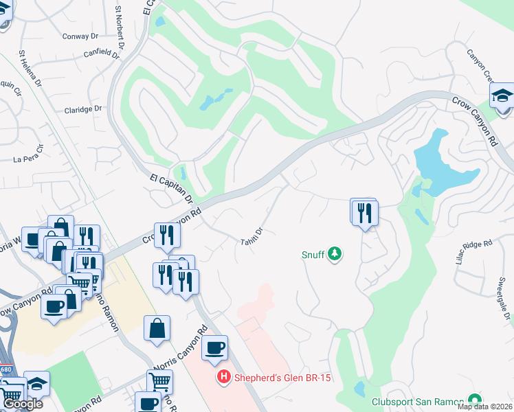 map of restaurants, bars, coffee shops, grocery stores, and more near 3425 Lanai Drive in San Ramon
