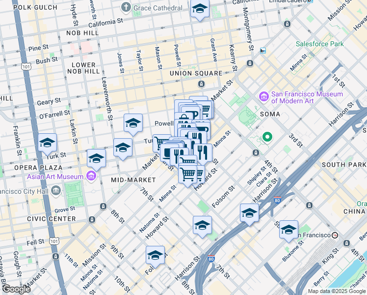 map of restaurants, bars, coffee shops, grocery stores, and more near 981 Mission Street in San Francisco