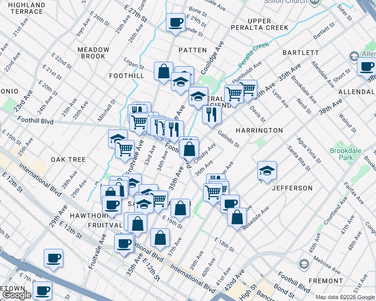 map of restaurants, bars, coffee shops, grocery stores, and more near 3518 Crosby Avenue in Oakland