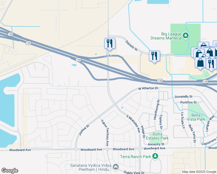 map of restaurants, bars, coffee shops, grocery stores, and more near 19500 McKinley Avenue in Manteca