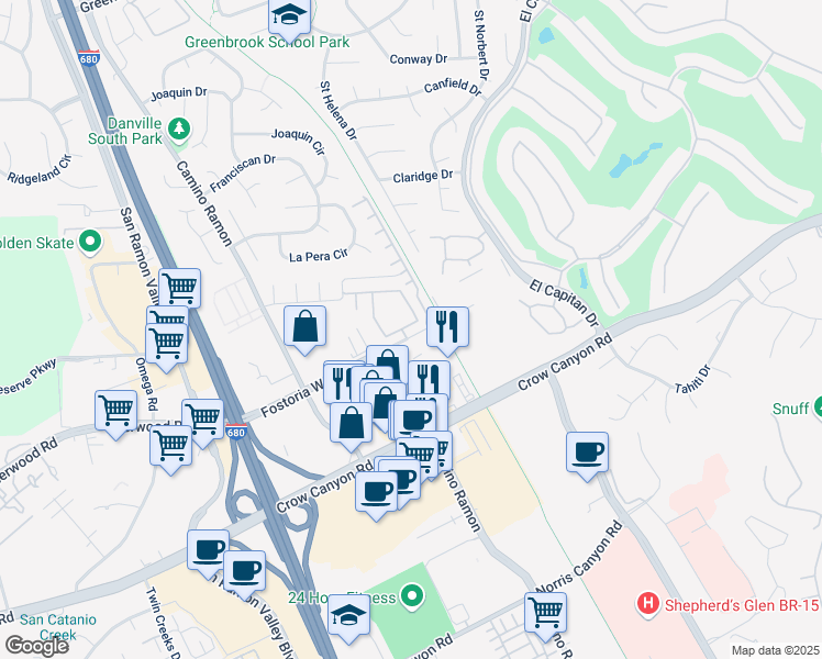 map of restaurants, bars, coffee shops, grocery stores, and more near 3049 Fostoria Circle in Danville