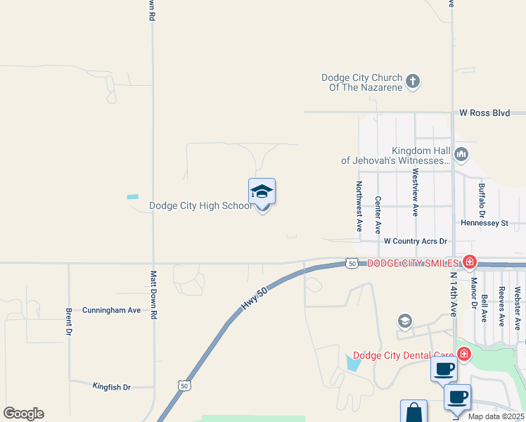 map of restaurants, bars, coffee shops, grocery stores, and more near 2201 West Ross Boulevard in Dodge City