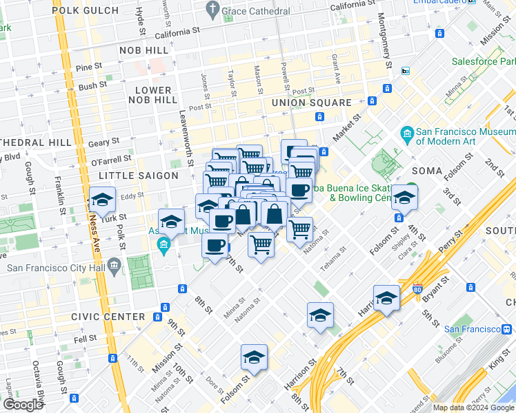 map of restaurants, bars, coffee shops, grocery stores, and more near 988 Market Street in San Francisco