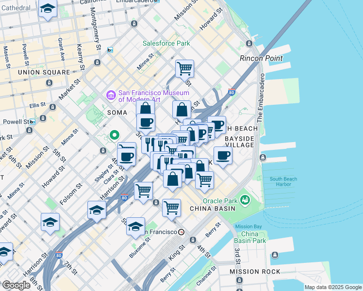 map of restaurants, bars, coffee shops, grocery stores, and more near 470 Bryant Street in San Francisco