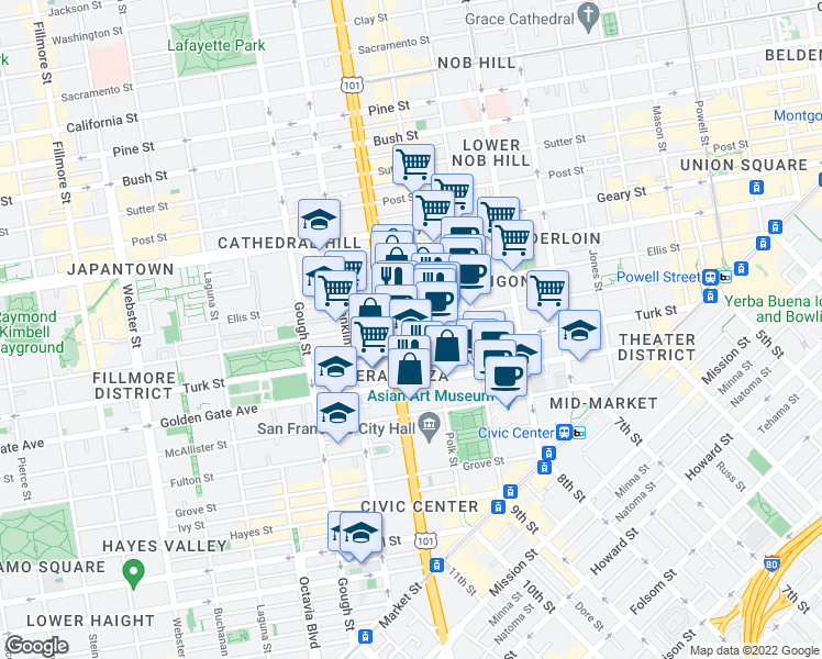 map of restaurants, bars, coffee shops, grocery stores, and more near 747 Eddy Street in San Francisco