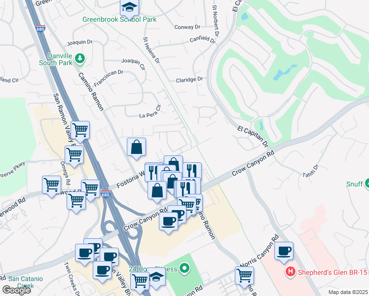 map of restaurants, bars, coffee shops, grocery stores, and more near 3047 Fostoria Circle in Danville