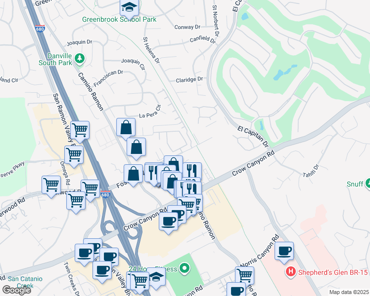 map of restaurants, bars, coffee shops, grocery stores, and more near 3047 Fostoria Circle in Danville