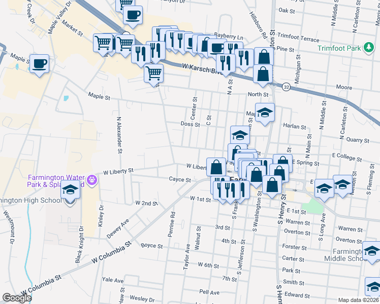 map of restaurants, bars, coffee shops, grocery stores, and more near 507 West College Street in Farmington