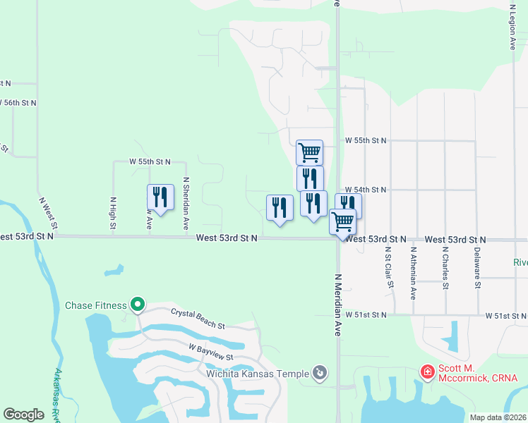 map of restaurants, bars, coffee shops, grocery stores, and more near in Wichita