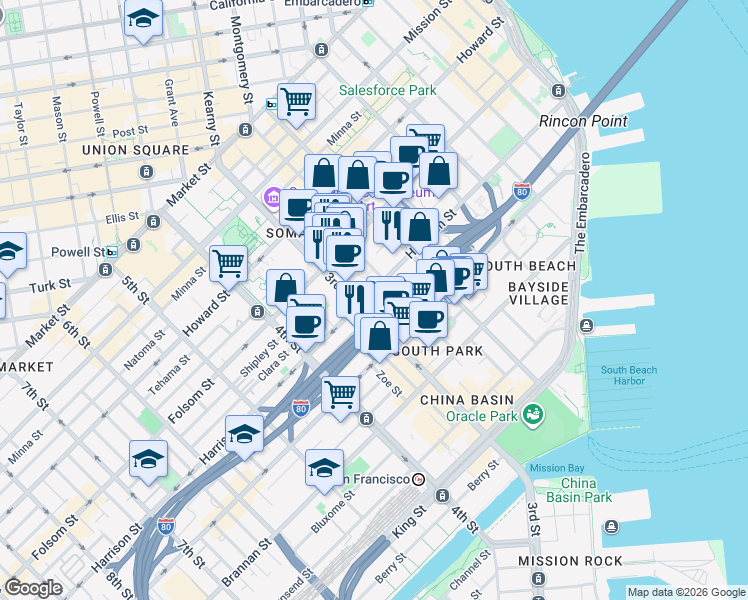 map of restaurants, bars, coffee shops, grocery stores, and more near 170 Hawthorne Street in San Francisco