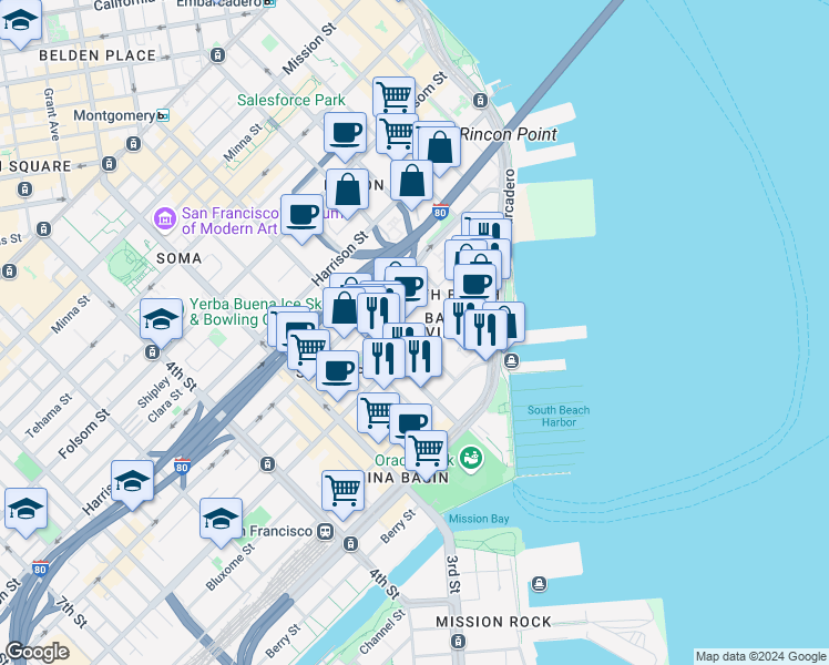 map of restaurants, bars, coffee shops, grocery stores, and more near 270 Brannan Street in San Francisco