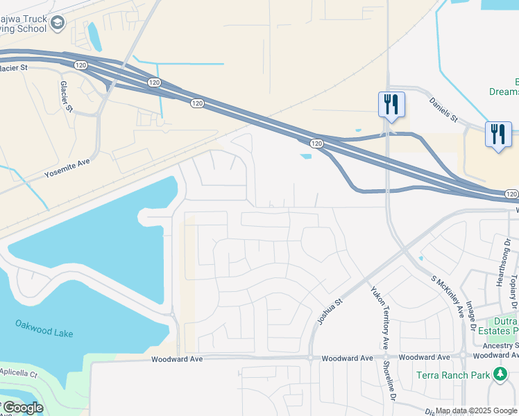 map of restaurants, bars, coffee shops, grocery stores, and more near 1300 Bronzan Road in Manteca