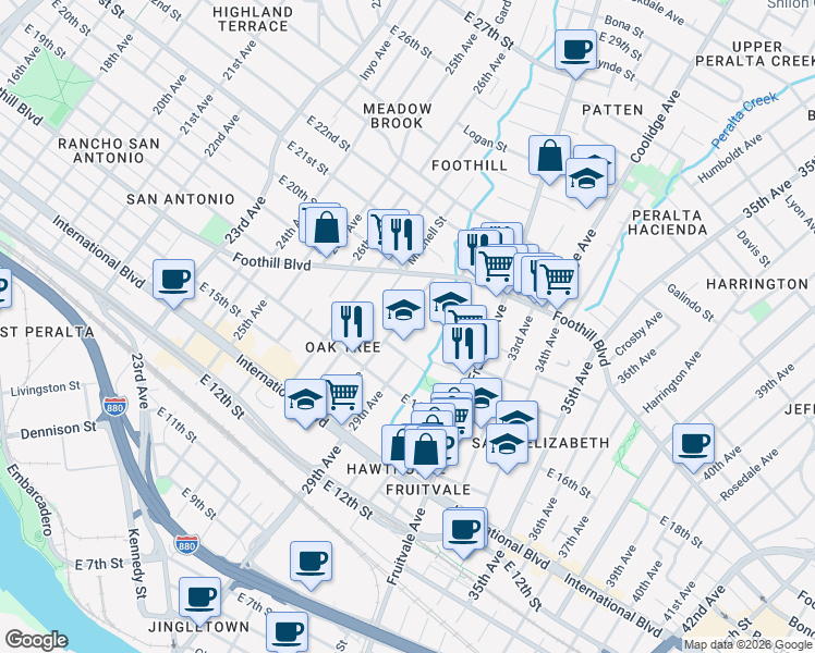 map of restaurants, bars, coffee shops, grocery stores, and more near 1742 28th Avenue in Oakland