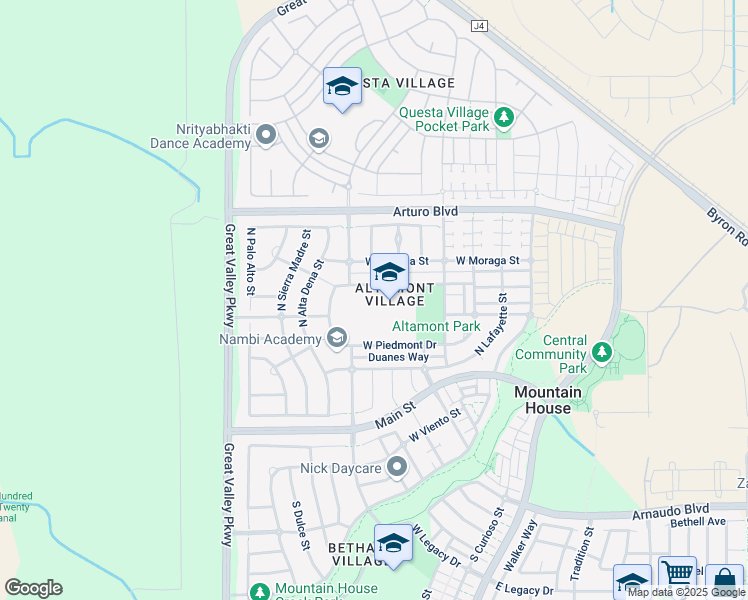 map of restaurants, bars, coffee shops, grocery stores, and more near 452 West Saint Francis Avenue in Mountain House