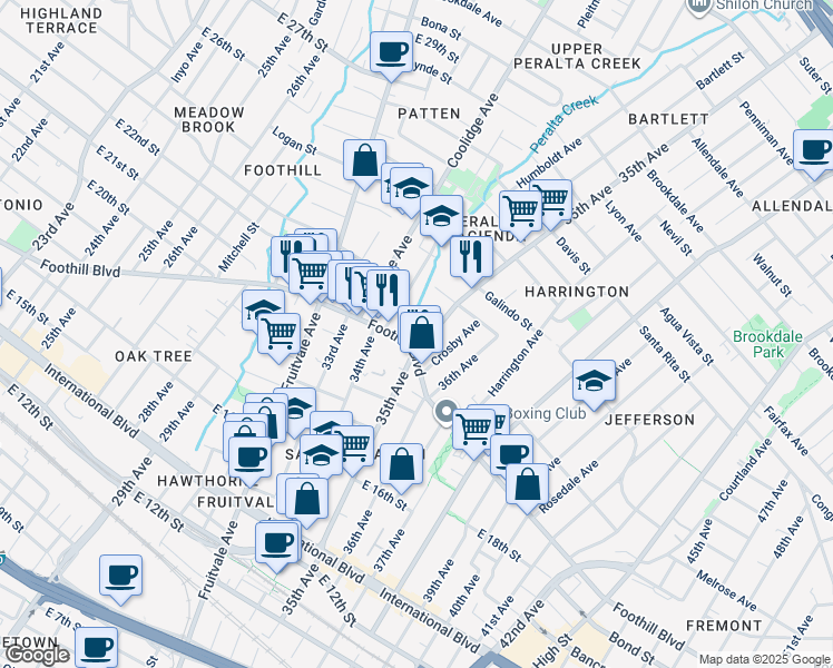 map of restaurants, bars, coffee shops, grocery stores, and more near 3430 Alexander Court in Oakland