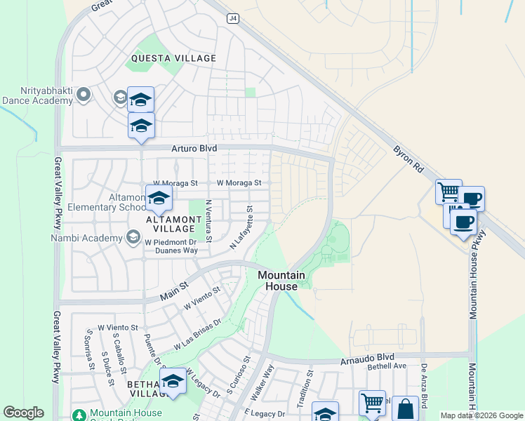 map of restaurants, bars, coffee shops, grocery stores, and more near 197 Santa Cruz Way in Mountain House