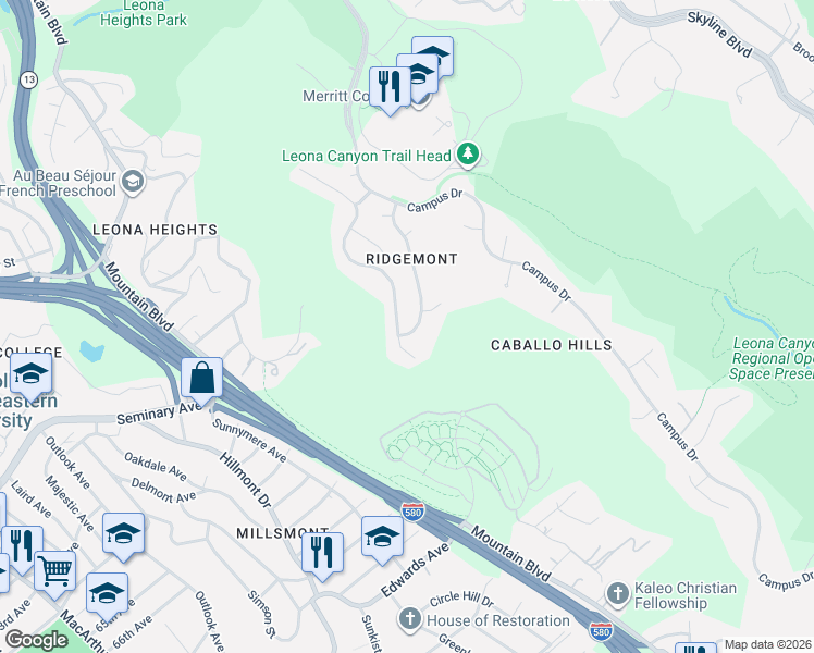 map of restaurants, bars, coffee shops, grocery stores, and more near 6243 Viewcrest Drive in Oakland