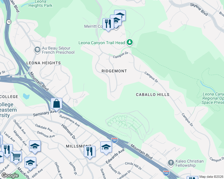 map of restaurants, bars, coffee shops, grocery stores, and more near 6243 Viewcrest Drive in Oakland