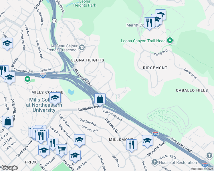 map of restaurants, bars, coffee shops, grocery stores, and more near 5935 Leona Street in Oakland
