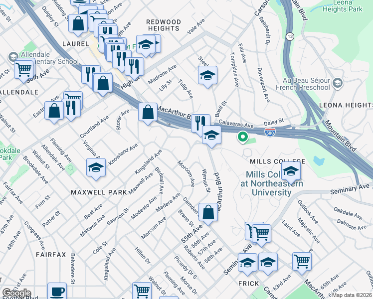 map of restaurants, bars, coffee shops, grocery stores, and more near 4771 Redding Street in Oakland